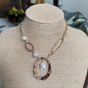 Gold and Brown Statement Necklace with Pearls